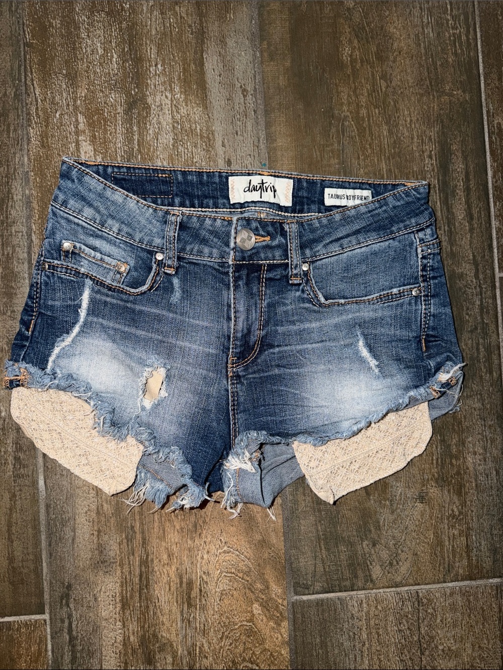 Daytrip Blue Denim Cutoff Shorts with Cream Crochet Insets